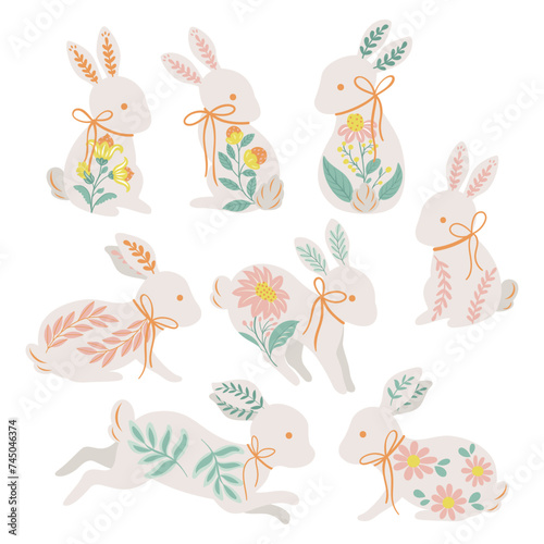  Collection of folk art design elements. Vector illustration with silhouette of Easter bunnies on a white background. Hand drawn folk flowers. Scandinavian traditional motif