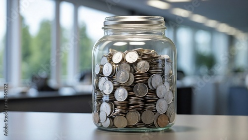 photo of a clear glass jar filled with money with an office background made by AI generative