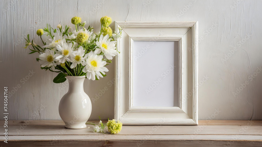 Simple white empty picture frame in front of a light wall next to a vase of spring flowers - 3D rendering Simple white empty picture frame in front of a light wall next to a vase of spring flowers - 3D rendering