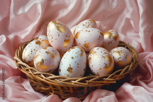 gold decorated white Easter eggs in wicker basket close-up on pink background. Easter card