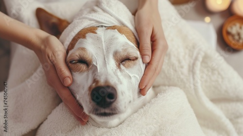 Funny dog photograpy cute spa Day laying bed relax beauty mask, view from the top, generative ai photo