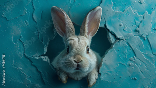 Curious Bunny Poking Through Teal Wall