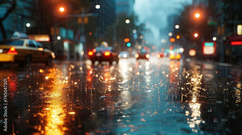 rain sky backdrop, bathed in the soft and cinematic glow of car headlights, creating a captivating and moody urban atmosphere during rainfall