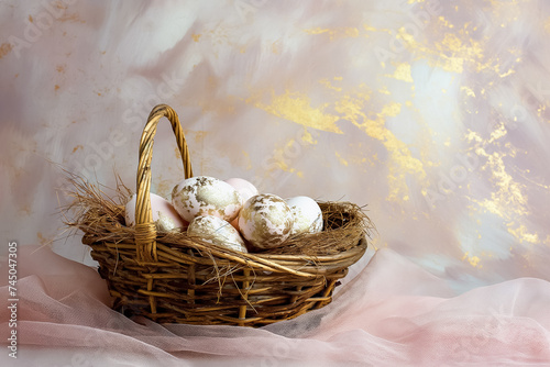 gold decorated white Easter eggs in wicker basket close-up on pink background. Easter card