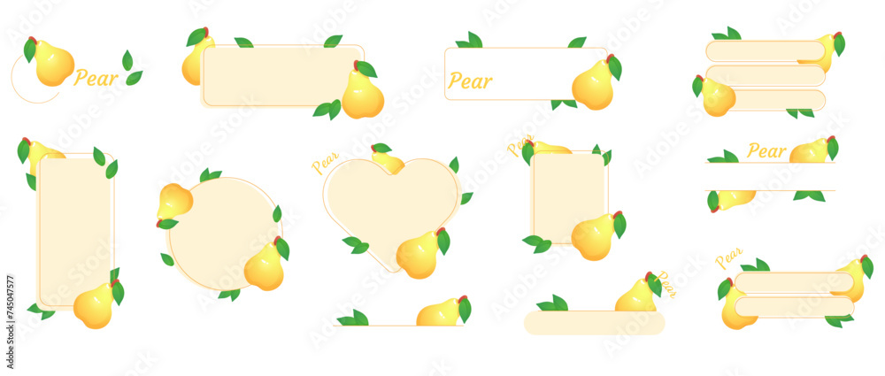  Set of 12 cute frames with pears. Flat illustration of fruits and berries.