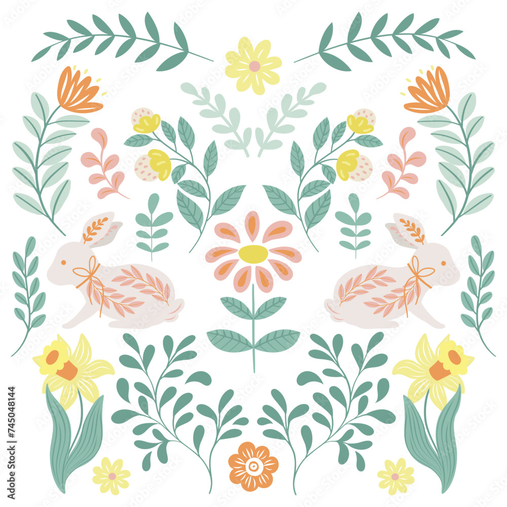 Collection of folk art design elements. Folk flora and fauna vector illustration isolated on white background. Hand drawn folk flowers. Scandinavian traditional motif