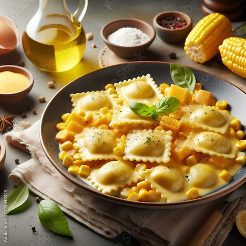  ravioli pasta with corn cheese sauce photo