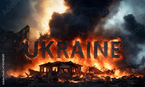 The bold letters Ukraine stand ablaze amidst the ruins, a powerful and harrowing representation of conflict and resilience.