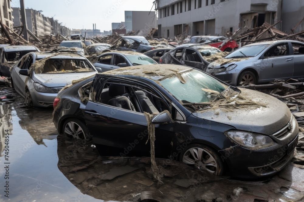 Devastation on city street  flooded cars and debris in aftermath of natural disaster