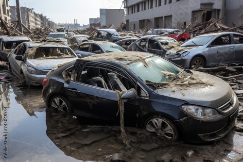 Devastation on city street  flooded cars and debris in aftermath of natural disaster