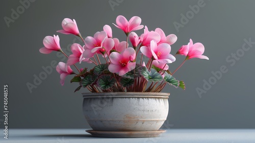 Coral-colored cyclamen blooms in a potted plant. photo