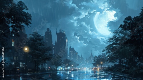 rain sky backdrop, embraced by the cool and calming light of moonlit clouds, portraying the beauty of a reflective and serene urban rainfall