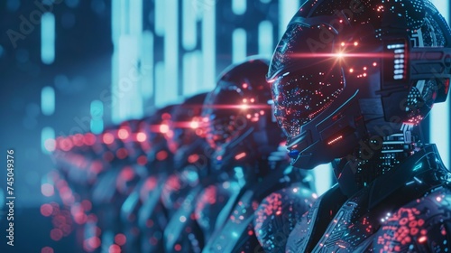 A row of futuristic cyborg soldiers with glowing laser eyes stands ready in a science fiction corridor.