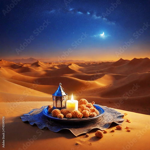 Iftar in desert with traditionla lantern and candle photo