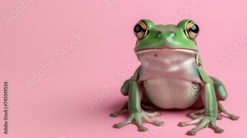 Vibrant green tree frog posed on a pastel pink background.