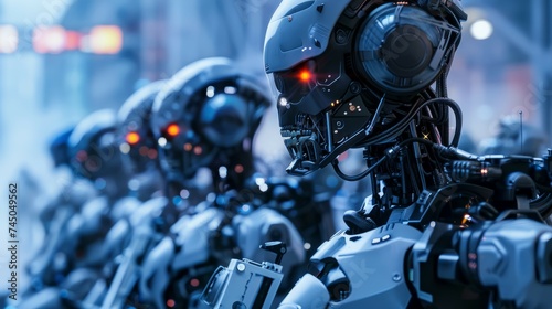 A line of sophisticated humanoid robots with glowing red eyes, set in a futuristic environment.
