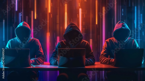 Three hooded figures in a dark room illuminated by neon lights, typing on laptops, suggesting cybercrime activity. photo