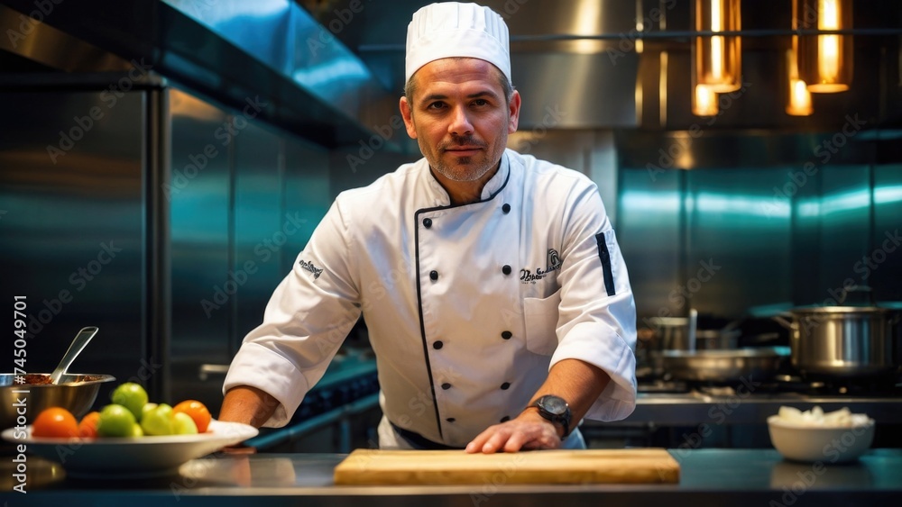 Famous Chef of a Big Restaurant in a Modern Kitchen Famous Chef of a Big Restaurant in a Modern Kitchen