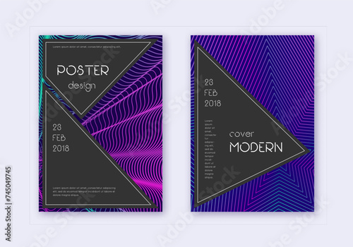 Black cover design template set. Neon abstract lin