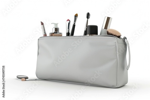 luxury Light grey cosmetics bag opened with cosmetics isolated on white background