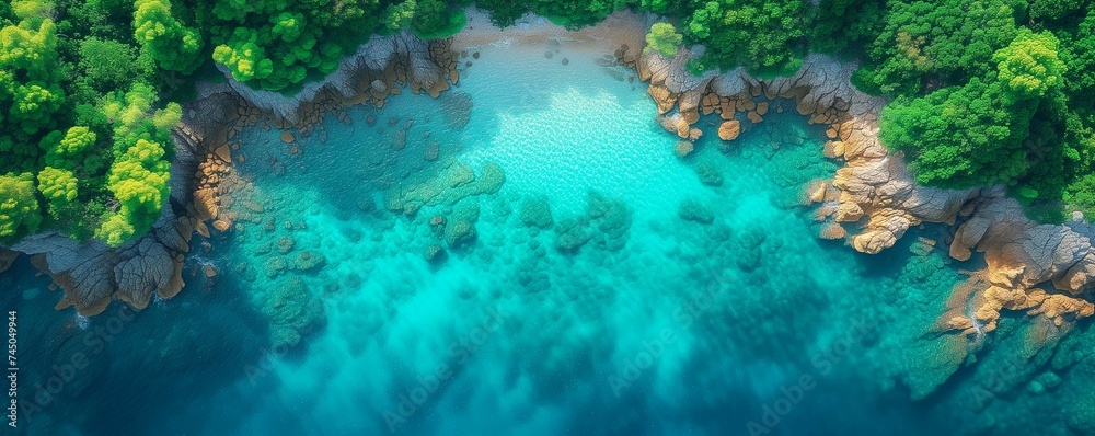 Aerial scenic view of a forested lake