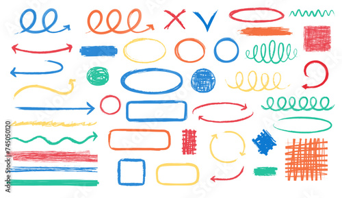 Set of brush strokes, wavy lines of markers, pencils. Collection of vector borders, frames, crossed out doodles, scratches.