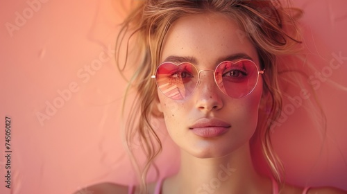 A woman with sunglasses in the shape of heart and blue hair on the pastel orange background with copy space. Summer aesthetic beauty concept.