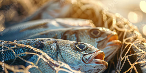 Fresh Catch in Fishing Net Close-up. Vivid close-up of a fish caught in a fishing net, with detailed textures.