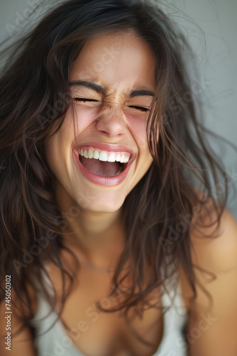 Joyful Close-up of Smiling laughing brunette Woman. Young woman's mouth, showing white teeth, happy smile. photo