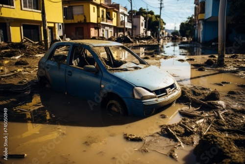 Flooded cars on city street, dirt and destruction post natural flood disaster in urban area