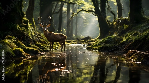 Deer in a green forest with a lake generative ai photo