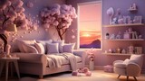 A whimsical nursery with dreamy lavender walls and soft pink accents, featuring floral wallpaper and plush crib bedding, creating a magical and enchanting space for the little one to dream and play