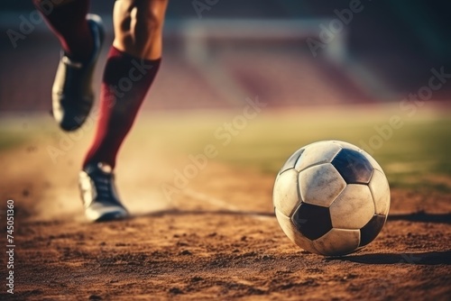 Professional soccer player kicking football in match, close-up action with boots on field © Mari