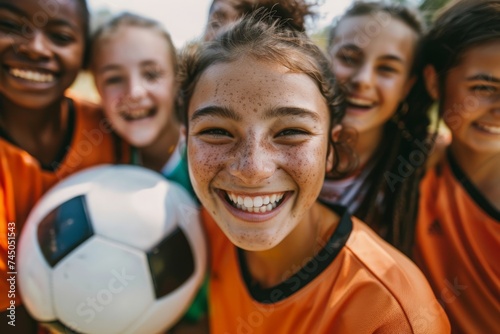Youth soccer team celebrating a win, joyful girl holding a soccer ball with teammates.
