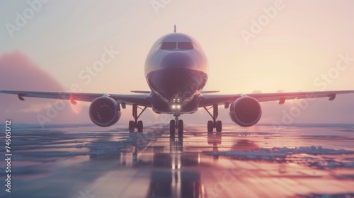 Commercial jet airplane facing front on the runway during a golden sunset, representing travel and industry.