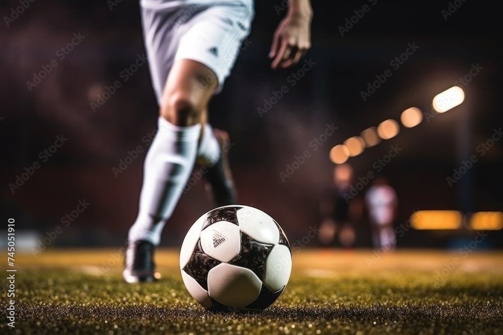 Soccer player boots football with leg close-up. Player kicking ball in professional match