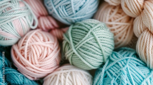 Close-up of tightly wound balls of yarn in various pastel colors, ideal for knitting and crochet.
