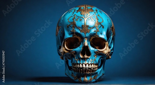 Vivid Human Skull Isolated on Blue Background: A Striking Visual Element for Educational or Artistic Purposes, copy space, helloween photo