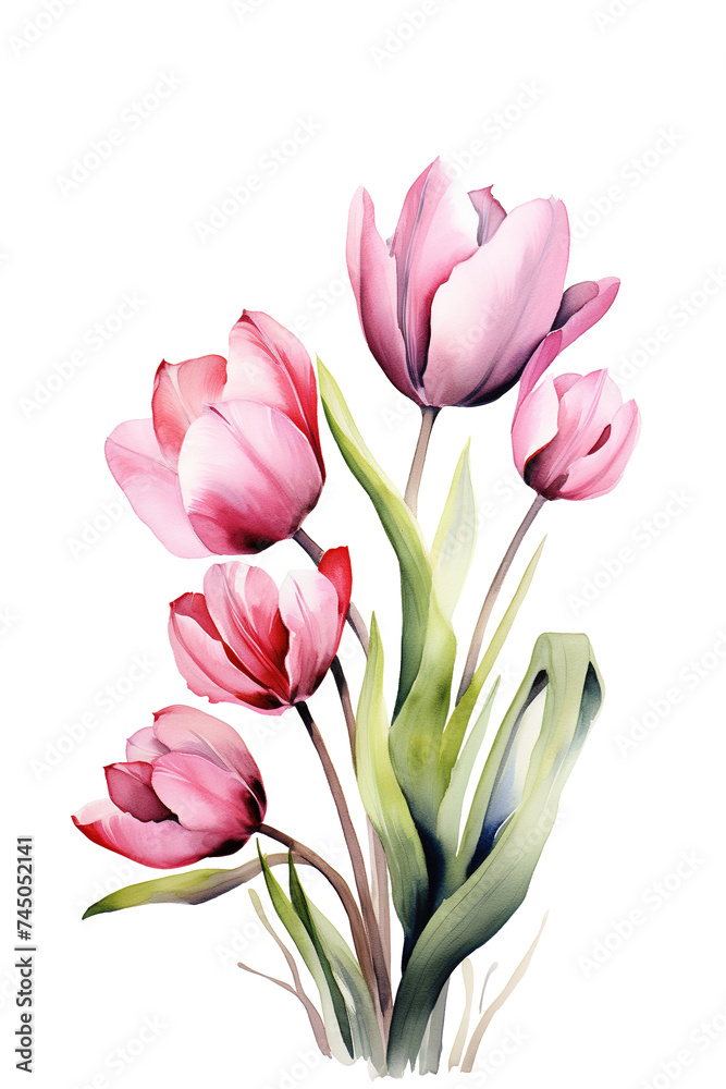 Fototapeta premium Bouquet of Pink Tulips Watercolor Illustration