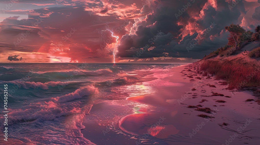 beach with pink sand at sunset with dark storm clouds on the horizon and a lighting bolt in the distance beach with pink sand at sunset with dark storm clouds on the horizon and a lighting bolt in the distance