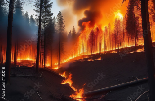 The forest is on fire  the fire is rapidly spreading through the forest  a natural disaster  a catastrophe.