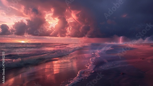 beach with pink sand at sunset with dark storm clouds on the horizon and a lighting bolt in the distance