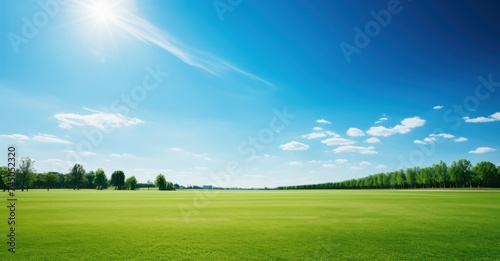 Vibrant spring landscape with groomed lawn and trees