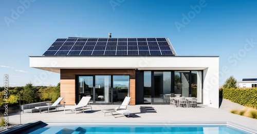 Modern home with solar panels for sustainability © Stock Pix