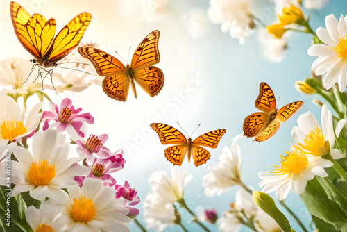 Arriva la primavera. Delicata composizione di fiori, farfalle, uova. La natura si risveglia in vista della Pasqua. Colori pastello delicati e tenui. photo
