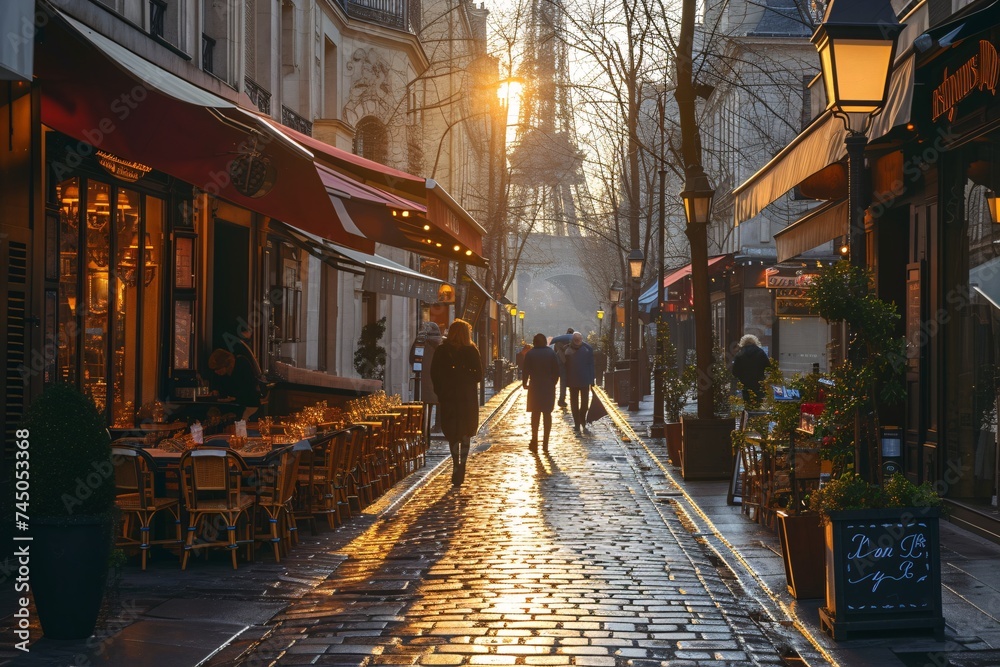 Enjoy a glimpse of Parisian culture as you take in the charming street scene with a quaint French bistro and a lady strolling by in the morning.