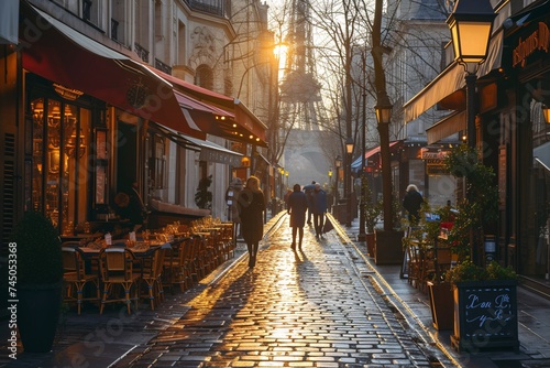 Fototapeta Naklejka Na Ścianę i Meble -  Enjoy a glimpse of Parisian culture as you take in the charming street scene with a quaint French bistro and a lady strolling by in the morning.