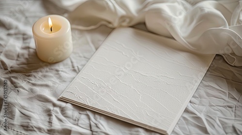a square, white wedding invitation laying on a white tablecloth with a candle nearby