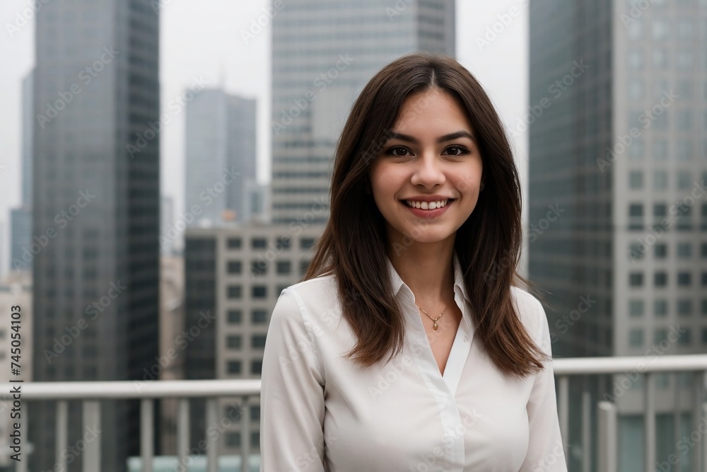 Portrait of a young beautiful businesswoman standing against a backdrop of modern skyscrapers with copy space. Portrait of a young beautiful businesswoman standing against a backdrop of modern skyscrapers with copy space.