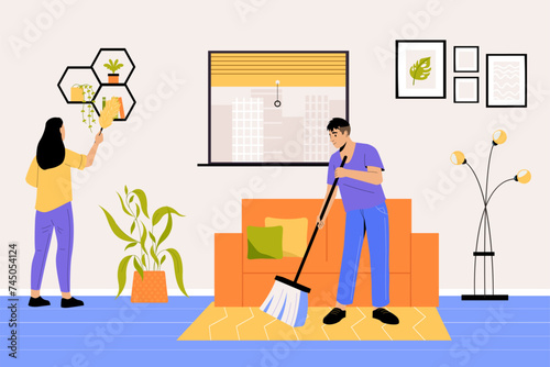 Man and woman doing household chores, domestic activities